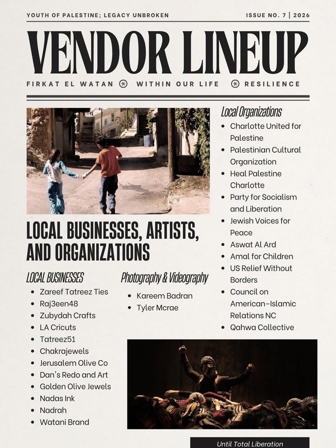 Printed vendor lineup for Firkat El Watan's seventh showcase, listing local Palestinian businesses and organizations