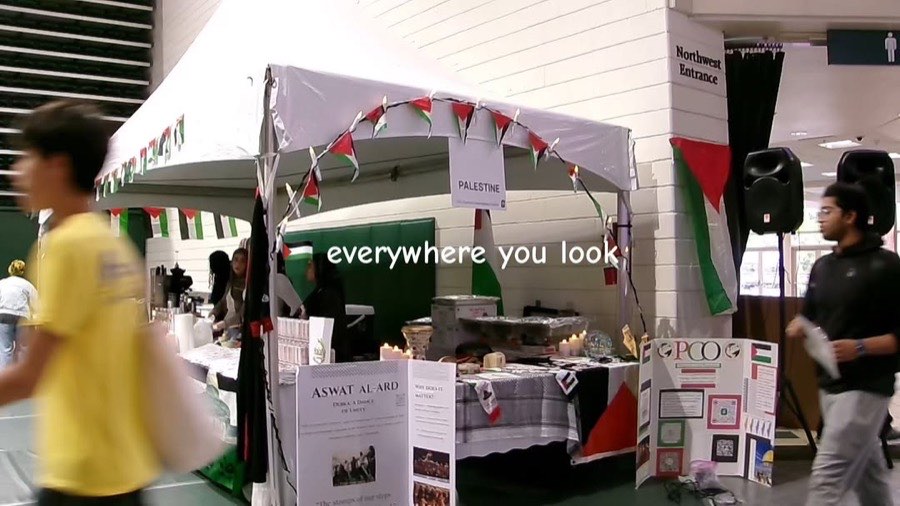 The Palestine table at the UNC Charlotte International Festival, strung with flag bunting